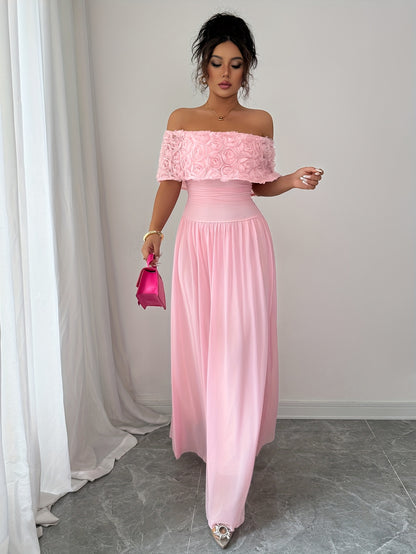 Women'S Elegant Off-Shoulder Maxi Dress - Formal Party Wedding Gown with Waist, Flattering A-Line Silhouette, Soft Pink Formal event dresses for Women - K2533418, Dresses for Wedding Guest, Evening Gown, Offshoulder Design, D