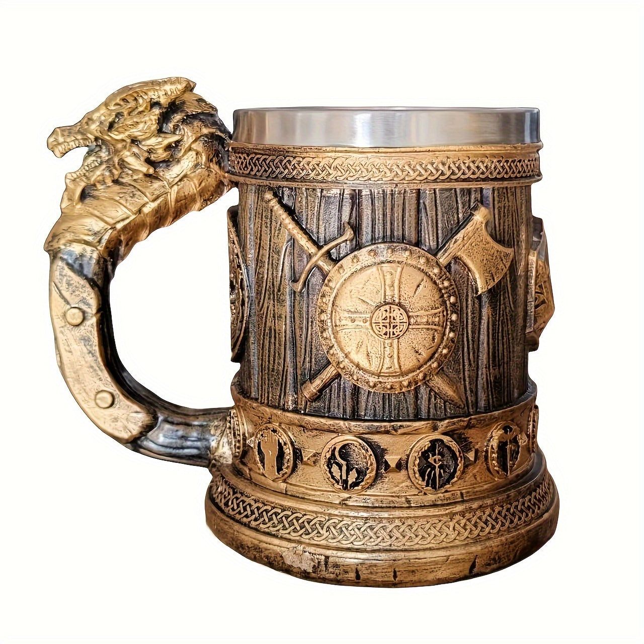 Vintage Medieval Handle Beer Mug: 600ml/20.29oz Large Capacity Stainless Steel Mug - Perfect for Summer Beverages, Coffee, or as a Men's Birthday Gift - Hand Wash Only - Resin Cup Collection