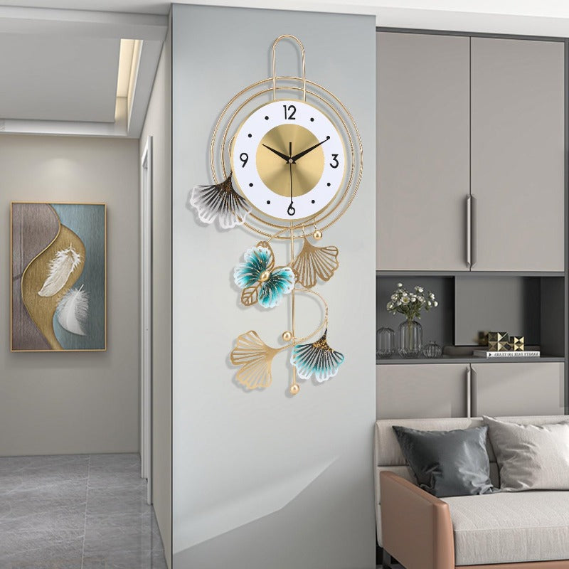 Large Modern Round Wall Clock with Golden Hands & Green Leaf Dial - Large Golden Hands, Green Leaf & Golden Butterfly Numbers, Large Black Face (12.5x25.5 Inch) Silent Non-Ticking Easy-to-Read Analog Clock for Living Room, Be