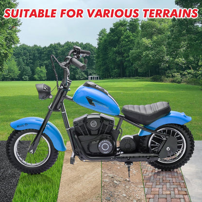 Children's Electric Dirt Bike 24V, Maximum Load Capacity 150 Lbs, 15 Mph Speed, Chain Drive Motor with 12-inch Pneumatic Tires, Handbrake and Shock Absorbers, LED Lights, Battery Indicator, Suitable for Boys and Girls Ride on
