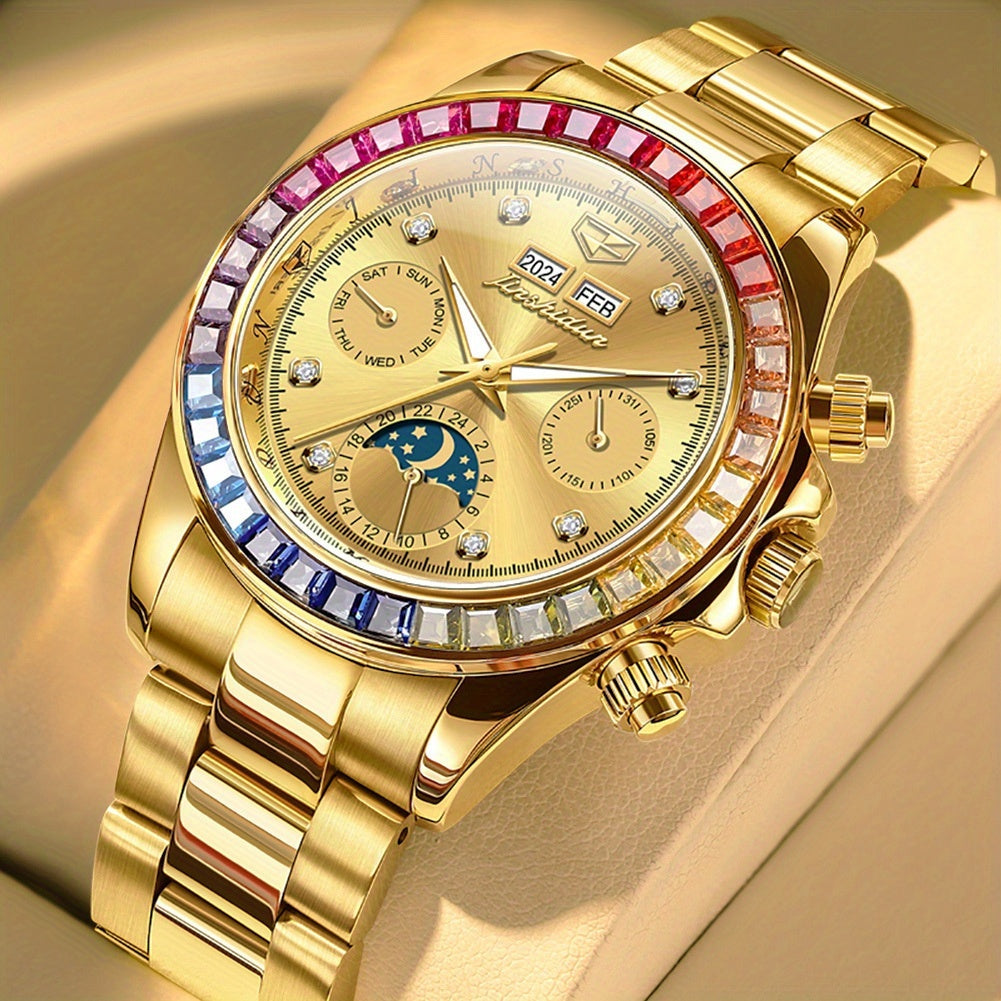JSDUN Men'S Automatic Mechanical Watch with Luminous Hands & Moon Phase Indicator - Stainless Steel Multifunctional Chronograph, 24Hr Day/Date Display, Golden-Tone Minimalist Dial, High Quality (No Battery/Electricity) - Busi
