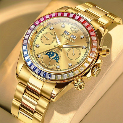 JSDUN Men'S Automatic Mechanical Watch with Luminous Hands & Moon Phase Indicator - Stainless Steel Multifunctional Chronograph, 24Hr Day/Date Display, Golden-Tone Minimalist Dial, High Quality (No Battery/Electricity) - Busi