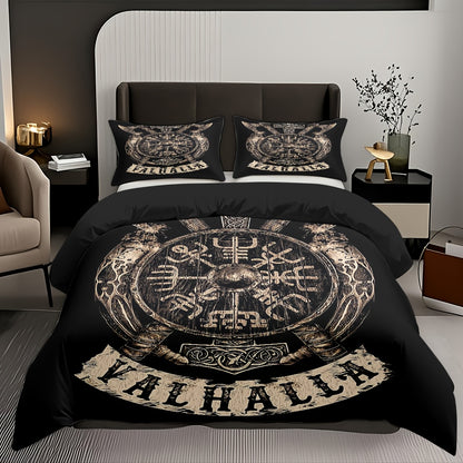 Norse Rune Theme Duvet Cover Set, Soft High-Definition Digital Print, Black And Brown, All-Season, Perfect Gift, Soft Breathable 100% Polyester, Machine Washable, Includes 1 Duvet Cover And 2 Pillowcases, Ideal For Family And