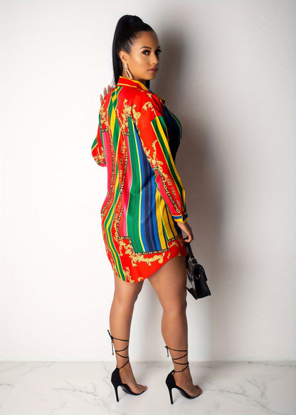 Ladies' Casual Shirt Dress with Colorful Striped Long Sleeved Shirt Dress