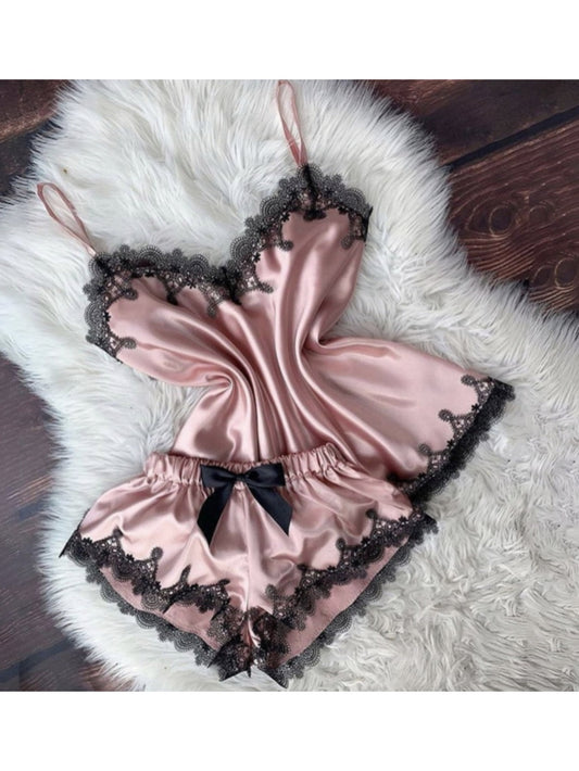 Women'S Elegant Strapless One-Piece Pajama Set - Soft Pink & Color Block Design, Ruffled Hem & Lace Trim, Lightweight Fabric for Spring/Summer