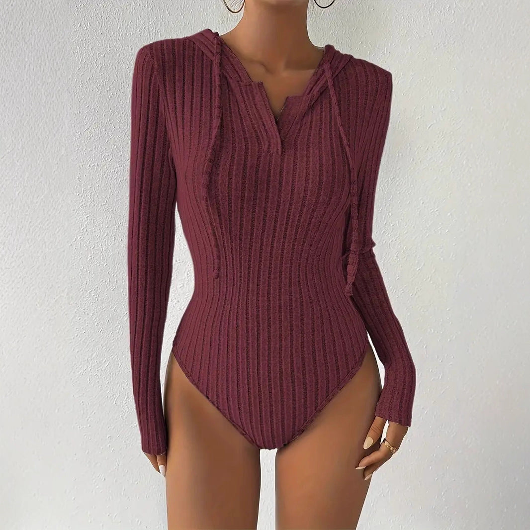 Women's Jumpsuit, V-neck Hooded Jumpsuit for Women, High-slit Bikini-style Slim-fit Loungewear, Brushed Ribbed Hooded Solid Color Jumpsuit and Romper