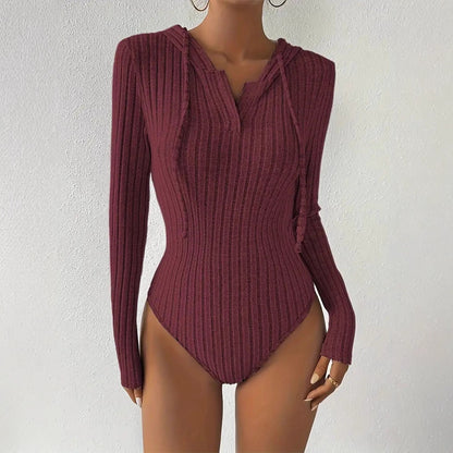 Women's Jumpsuit, V-neck Hooded Jumpsuit for Women, High-slit Bikini-style Slim-fit Loungewear, Brushed Ribbed Hooded Solid Color Jumpsuit and Romper