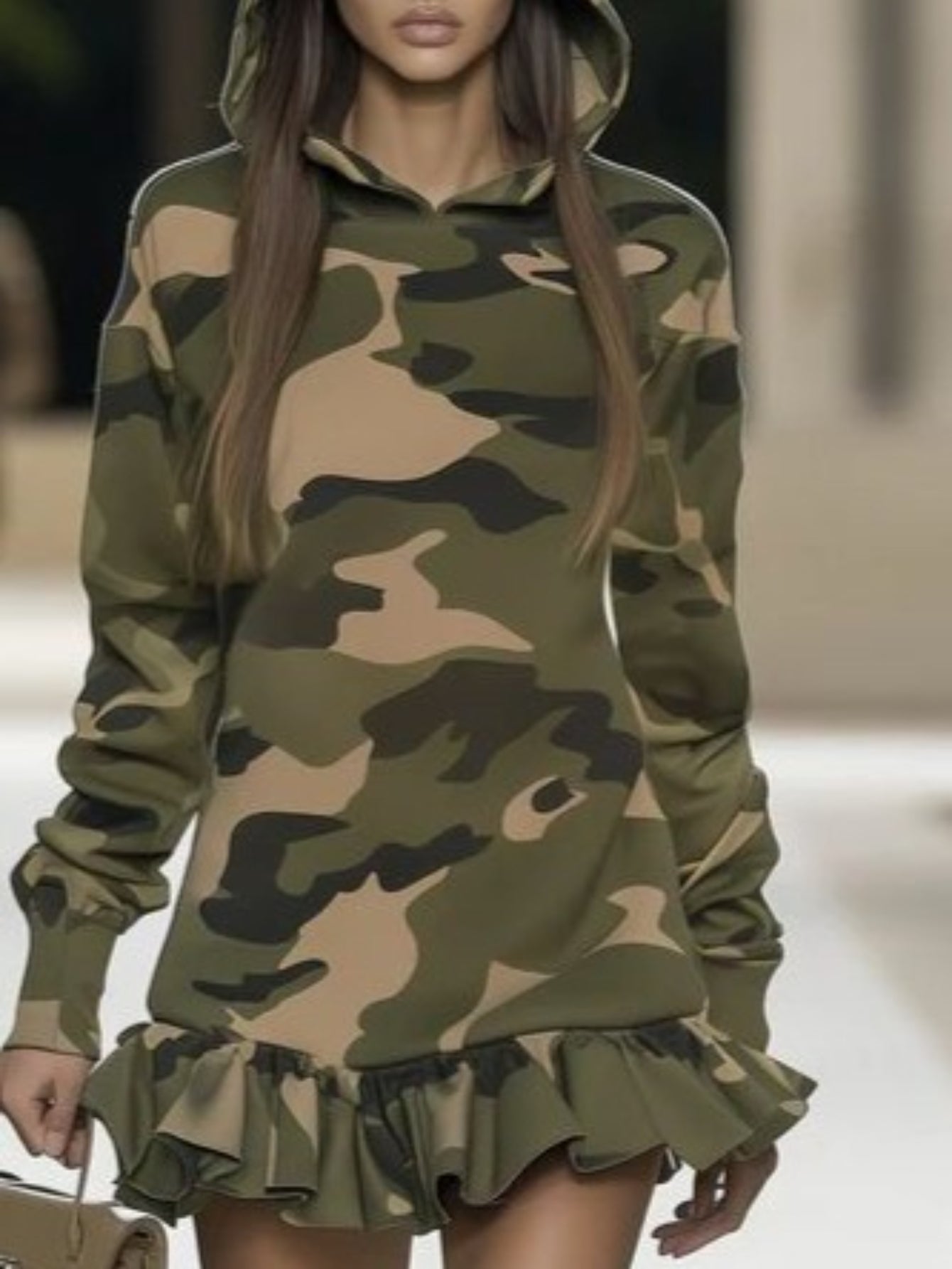 Camouflage Hooded Ruffled Skirt Dress for Women | Retro-inspired Cool-sweet Functional Style, Perfect for Streetwear, Trendy Occasions, and Spring/fall Seasons.