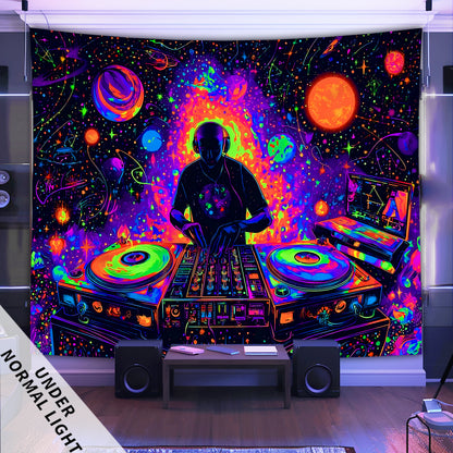 1pc Neon Glow-in-the-Dark DJ-Themed Tapestry - UV Light Reactive Fabric - Large Horizontal Wall Hanging with Neon Glow-in-the-Dark DJ & DJ Equipment Design for Bedroom, Party Decor, Home Entertainment - No Installation Needed