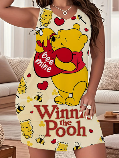 Disney Winnie The Pooh Dress With Winnie The Pooh And His Friends Pattern Plus Size Soft And Comfortable Sleeveless Beach Dress, Round Neck, Cartoon Print, Cool Summer Dress, Casual Nightgown | Sleeveless Pajamas | Comfortabl