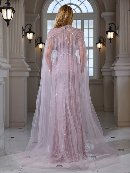 An Elegant And Sexy Evening Gown Featuring a High Neckline, 3D Petal Appliqués, And Flowing Tassels, Adorned with Sequins And Lace on The Bodice
