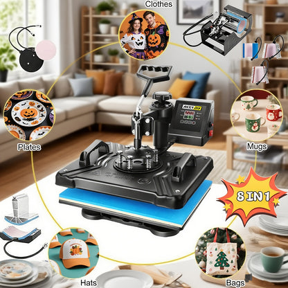 8-in-1 Heat Press Machine with Digital Display - 360° Swing Away, 12x15 Inch, Aluminum Alloy, 110-130V, US Plug, Ideal for T-Shirts, Mugs, Caps - Multifunctional Heat Transfer Combo, Heat Transfer Machine | Digital Display P