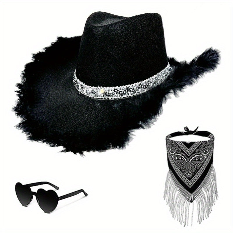 3pcs Western Cowboy Hat Set Unisex Rhinestone Cowboy Hats with Wide Brim Cowgirl Hat Eyeglass and Scarf Set Festival Cowboy Costume Accessories for Weddings and Outdoor Events