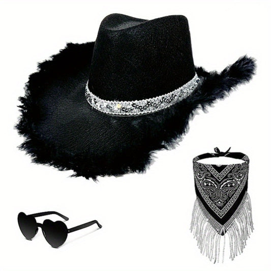 3pcs Western Cowboy Hat Set Unisex Rhinestone Cowboy Hats with Wide Brim Cowgirl Hat Eyeglass and Scarf Set Festival Cowboy Costume Accessories for Weddings and Outdoor Events