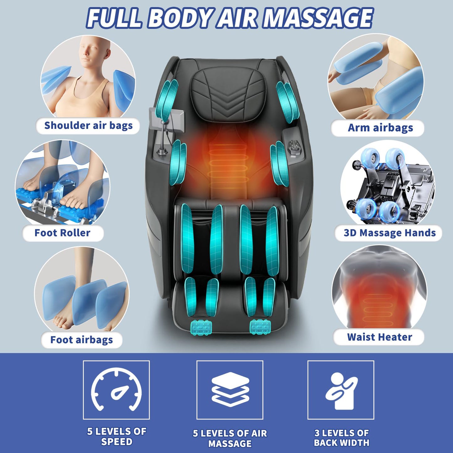 3D Massage Chair Full Body Zero Gravity Recliner - with Heated Heat, 12 Auto Massage Modes, Shiatsu Foot Massage, with 55" SL Track, 28 Airbags Massage, Foot Roller