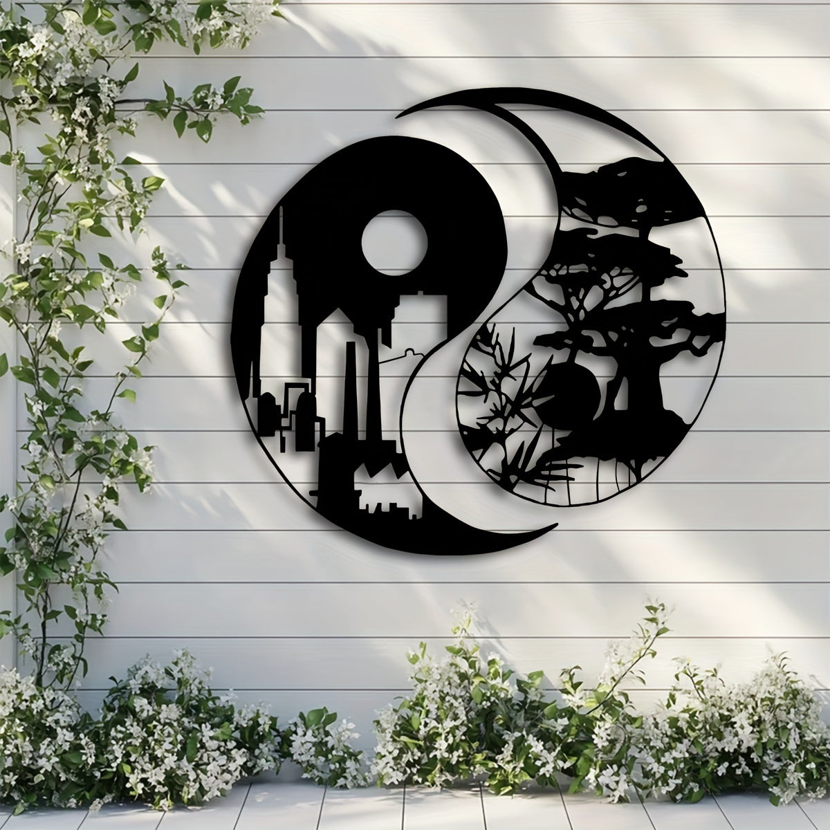 Elegant Yin Yang Metal Wall Art Set of 2 - 15.7" Urban & Landscape Sculptures, Indoor/Outdoor Iron Decor for Home, Patio, Balcony - Perfect Housewarming Gift