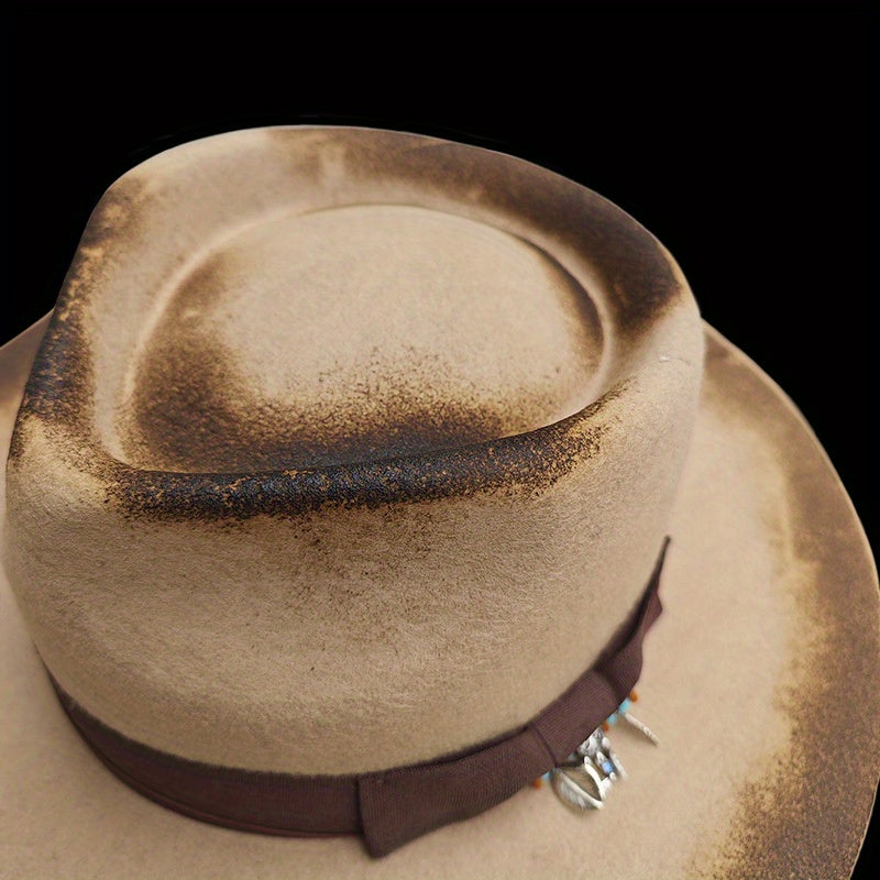 Unisex Vintage Wool Felt Hat with Turquoise-like Feather-Like Ribbon & Feather-Like Pendant - Wide Brim Western /Cowgirl Hat for &, Casual Outdoors, Parties, Daily Wear - Beige/Brown Retro Jazz