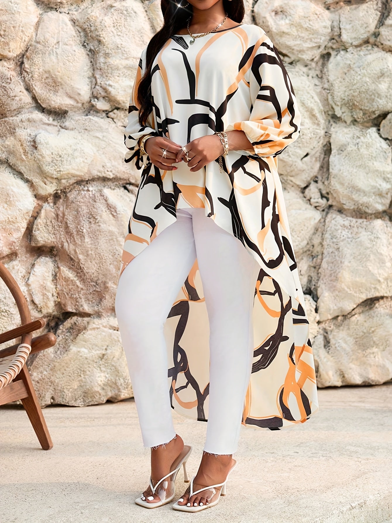 Plus Size, Women's Plus Size Printed Top Casual Elegant Shirt Summer Asymmetrical Hem