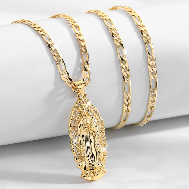 14K Golden Plated Virgin of Guadalupe Pendant Necklace with Sparkling Zirconia - Elegant Boho Style, Prayer & Blessing Charm, Perfect Mother'S Day Gift, Festive Jewelry | Elegant Boho Necklace | Zirconia Encrusted Pendant, Vi