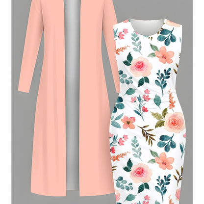 Plus Size, [Hot Item, Plus-Size Dress 2pcs Set] Fashionable, Elegant, and Classy Long Cardigan + Cinched-waist Long Dress Set. A Versatile Casual Outfit Perfect for Holidays, Creating Multiple Styles with One Set. Available i
