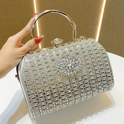 Glamorous Black & Golden Rhinestone Embellished Clutch with Detachable Strap - Sparkly Geometric Evening Bag for Parties, Banquets, and Formal Gatherings, Banquet Accessory | Polyester Construction, Party Purse
