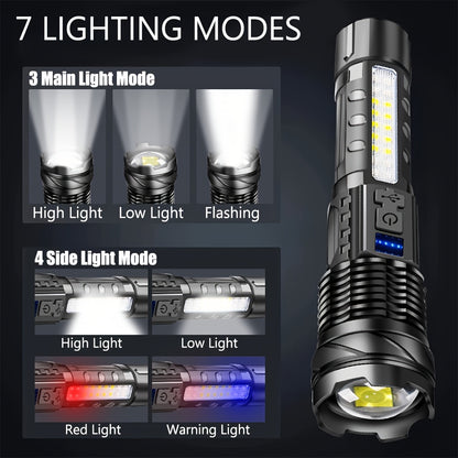 1/2/4pcs Multifunctional Flashlight High-Power LED Flashlight with COB Red/Blue Warning Side Light - Rechargeable Zoomable Long Distance Fishing Camping Light Many Mode