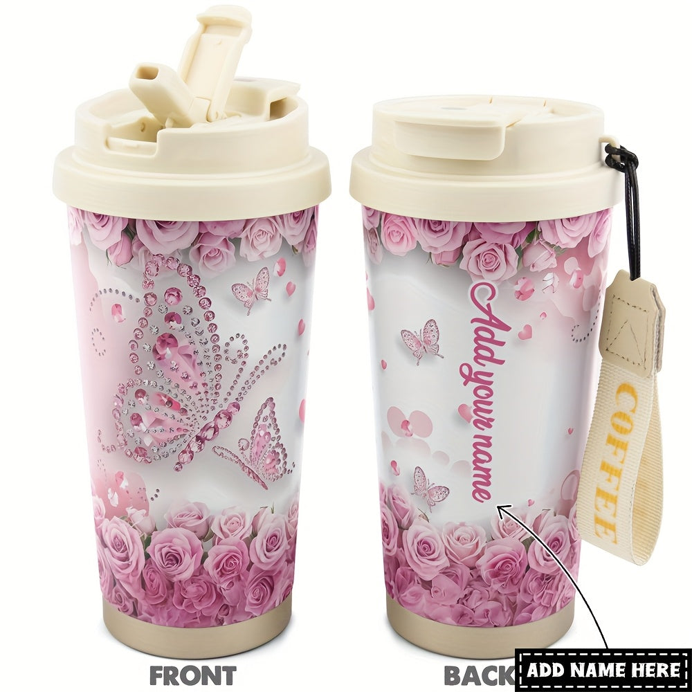 One Personalized 40Oz Tumbler Featuring a Lid And a Butterfly Design, Customized with a Name. This Stainless Steel Water Bottle Is Insulated And Built to Last, Making It a Perfect Gift for Various Occasions Such As Birthdays,