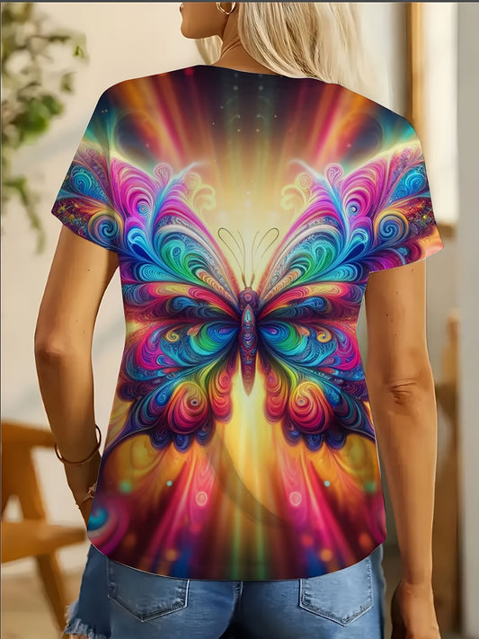 Overseas Printing Plus Size Women'S Tee - Vibrant Colorful Butterfly Floral Geometric Print, Soft Stretch Polyester Crew Neck Short Sleeve Top, Machine Washable Casual Spring Summer Fall T-Shirt, Relaxed Fit Top, Breathable F