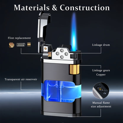 Windproof Blue Flame Butane Lighter with Transparent Gas Chamber & Wheel Ignition - Ergonomic Outdoor Lighter for Camping, Hiking, Candles - Durable Metal Construction, Perfect Gift for Dad, Boyfriend (No Butane Gas Included)