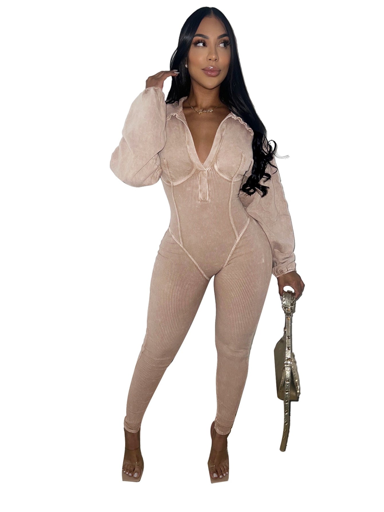 Fashion Women's Clothing Washed and Distressed Sexy Deep V Tight Long Sleeve Autumn and Winter Jumpsuit