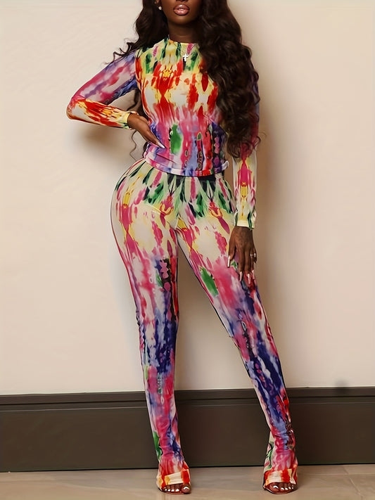 K23ST028 XY Women's New Fashion Mesh Print Fitted Top and Pants Casual Set