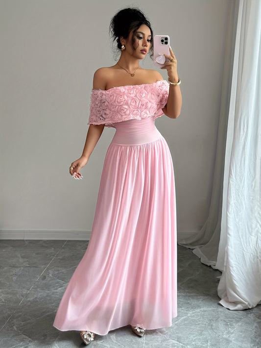 Women'S Elegant Off-Shoulder Maxi Dress - Formal Party Wedding Gown with Waist, Flattering A-Line Silhouette, Soft Pink Formal event dresses for Women - K2533418, Dresses for Wedding Guest, Evening Gown, Offshoulder Design, D