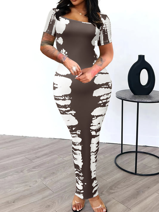 Plus Size, Plus-size Women's Bodycon Dress, Square Neck Tie-dye Short Sleeves- Slim And Elegant, Suitable for Parties And Daily Outings, Spring And Summer Fashion