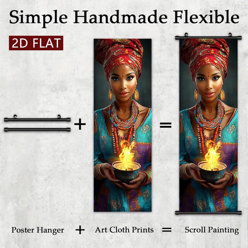 2D/ FLAT-3pcs African flame women wall murals, African women holding flame containers and wearing exquisite jewelry, high-definition high-quality printing, ink artwork poster, suitable for living room, bedroom, office decorat