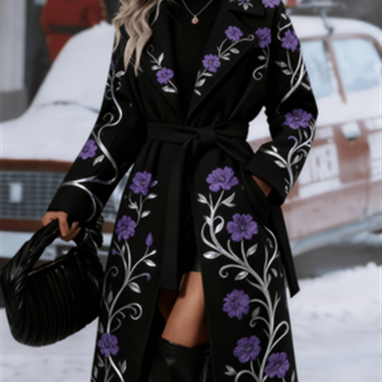 Fashionable And Elegant - Winter New Arrival - Women's Long Trench Coat - Warm And Simple - Double-Breasted Buttons With Belt - Featuring Floral Vine Print