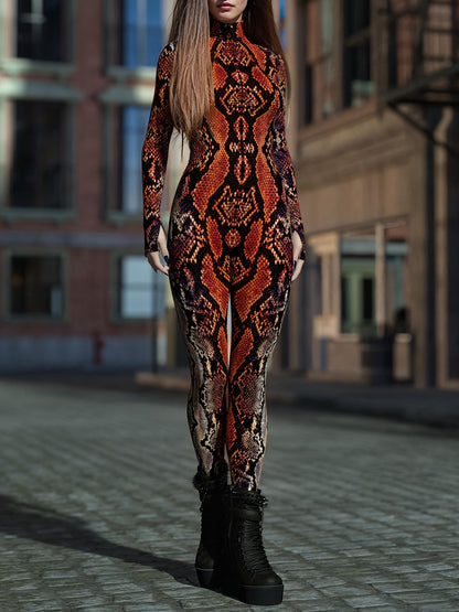 Women's Full-Length Snake Onesie Jumpsuit - Skinny Fit Turtleneck Long Sleeve with Front Zipper Closure, Brown/Black/Golden/Red Realistic Snake Scale Texture, Machine Washable Elastic Costume for Parties, Music Festivals & Wi