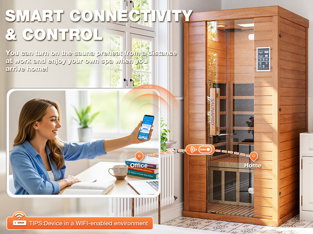 1-Person Sauna Room, Indoor Spectrum Infrared Sauna for Home, Dry Sauna with WiFi/BT Control and 5 Heater Panels, 9-Color Light Therapy, Safe Flame-Retardant Material, Wood Low EMF 1200W/120V Heater, Home Spa and Gym Use
