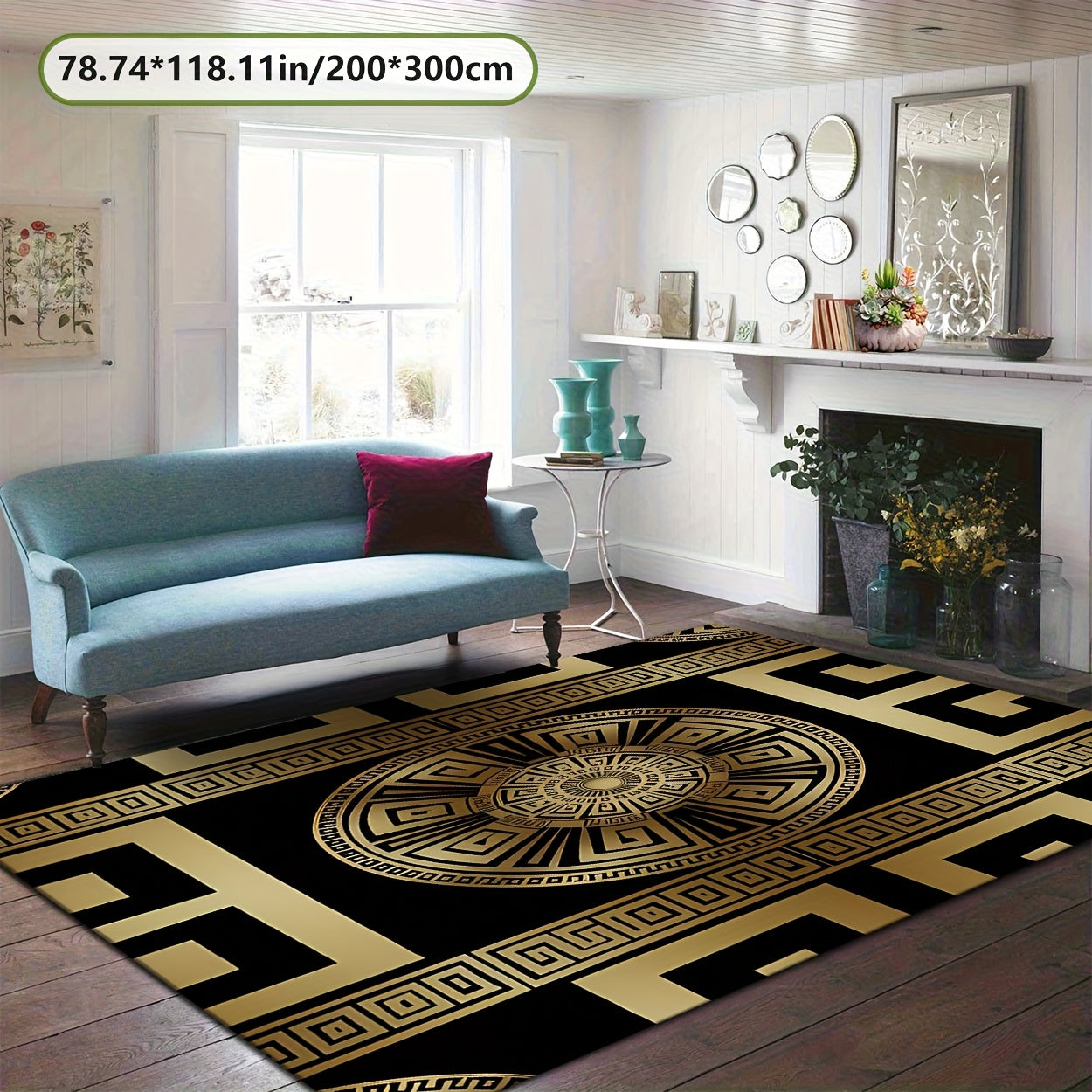 Black and Golden Greek Pattern Mat, Soft and Durable, Machine Washable and Easy to Clean, Lightweight, Soft, Comfortable, High-end Velvet + 7mm Thickness + Non-slip Backing + Over 800g per square meter, Kitchen Mat, Living Ro
