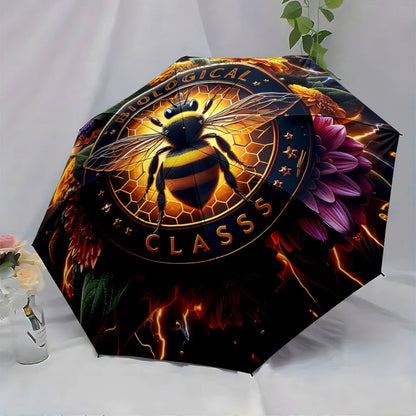 1pc Automatic Umbrella with Biological Class Print (Bee & Flower Design) - Automatic Opening/ Closing, 8-Rib Compact Canopy, Collapsible Portable for / - Unique Science-Themed Gift for Christmas, Birthdays & Everyday Use