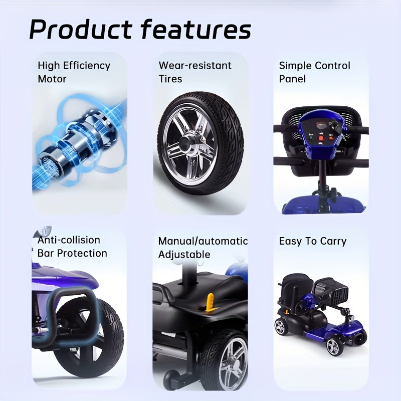 Mobility Aids for The, Four-wheel Foldable Mobility Scooters for Adults, 250w 12V, 12ah 15 Mile Long Range, with LED Headlights And A Detachable Storage Basket. Comes with A Tool Kit, Charger, And Instruction Manual.