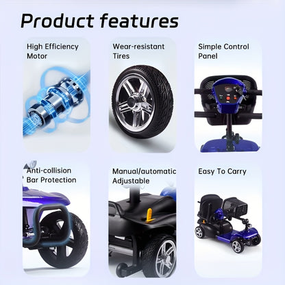 Mobility Aids for The, Four-wheel Foldable Mobility Scooters for Adults, 250w 12V, 12ah 15 Mile Long Range, with LED Headlights And A Detachable Storage Basket. Comes with A Tool Kit, Charger, And Instruction Manual.