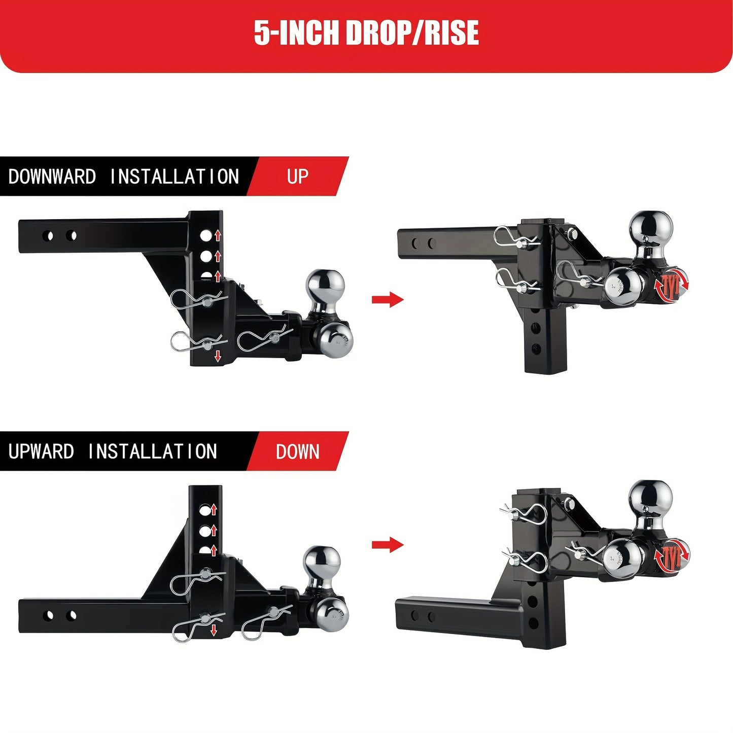 TYT Adjustable Trailer Hitch Ball Mount, Tri-Ball (1-7/8'' X 2'' X 2-5/16''), Fits 2'' Receiver, 5'' Rise/Drop Hitch, Hitch for Heavy Duty Truck, Solid Ball Mount, 10000 LBS GTW, BLACK