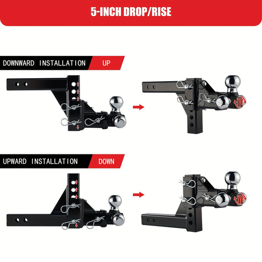 TYT Adjustable Trailer Hitch Ball Mount, Tri-Ball (1-7/8'' X 2'' X 2-5/16''), Fits 2'' Receiver, 5'' Rise/Drop Hitch, Hitch for Heavy Duty Truck, Solid Ball Mount, 10000 LBS GTW, BLACK
