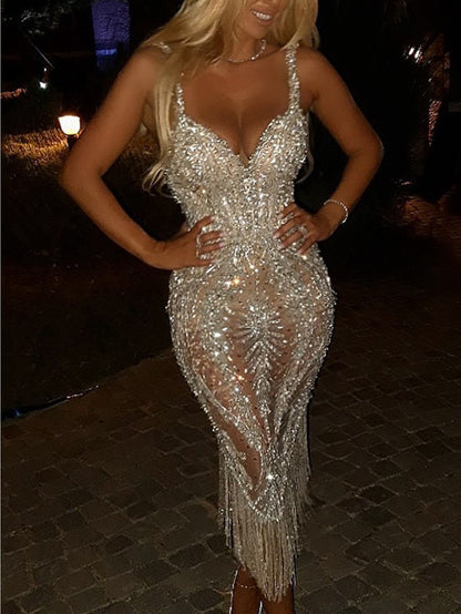 Deep V Spaghetti Strap Fringe Dress | Slim Mermaid Silhouette, Shimmering Party Gown with Contrast Mesh Details, Midi Length