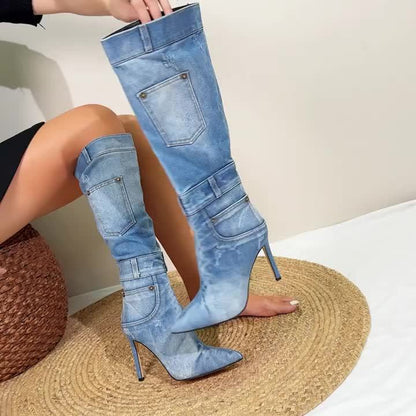 Vintage Style Women's Knee-High Boots, Pointed Toe Stiletto Heel, Denim Distressed Fabric, Zipper Closure, All-Season Comfort, Rubber Sole, Man-Made Insole - Elegant High Heel for Parties, Banquets, Weddings, Western Style, R