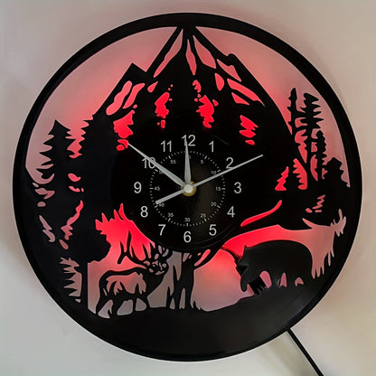 LED Lighted Forest Night Glow Wall Clock with Bear & Moose Silhouette - Modern Cabin Decor, Large Easy-Read Black Hands, Durable Vinyl Round Clock for Living Room, Bedroom, Office - Ideal Gift for Christmas, Birthday, Mother'