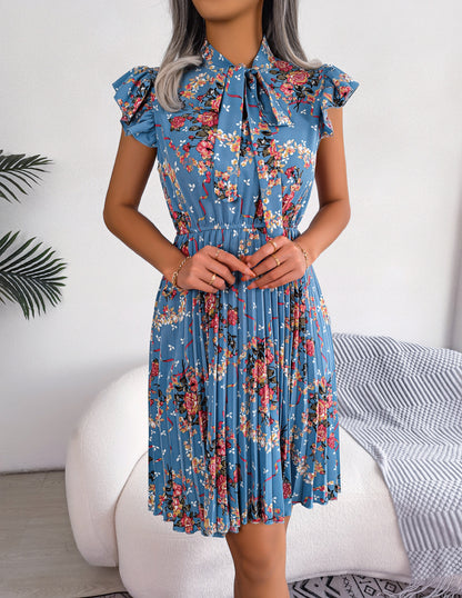 Women'S 2026 Spring Summer Elegant Floral Tie Waist Maxi Flare Pleated Dress | Lightweight, Breathable, Soft, Comfortable, Versatile, Casual Party Dating Daily Going Out Dress, Sleeveless, Crew Neck, Regular Fit