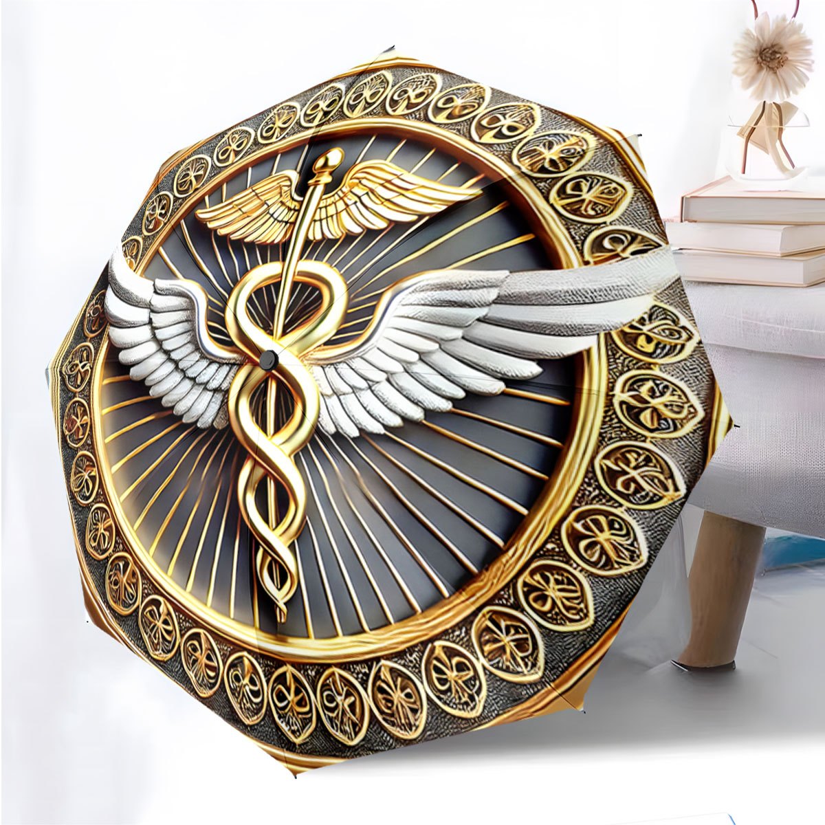 Automatic Folding Umbrella with Caduceus Symbol (Wings & Snakes) - Automatic Open/Close, Compact Travel Umbrella, Elegant Golden/Black Medical Design for Doctors, Nurses, Pharmacists - Birthday/Christmas Gift Idea, Outdoor Ac