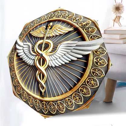 Automatic Folding Umbrella with Caduceus Symbol (Wings & Snakes) - Automatic Open/Close, Compact Travel Umbrella, Elegant Golden/Black Medical Design for Doctors, Nurses, Pharmacists - Birthday/Christmas Gift Idea, Outdoor Ac