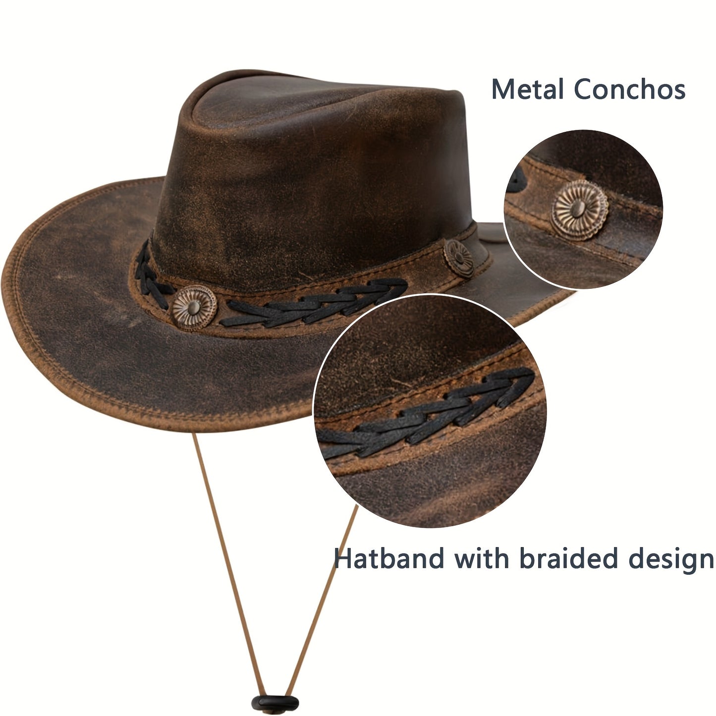 Brown Leather Cowboy Hat For Men Women Western Australian Outback Hat With Shapeable Wide Brim, Aussie Style Genuine Leather Hat